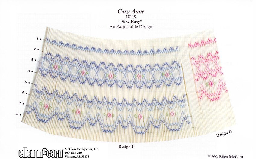 Smocking plate with three variations of a geometric design 6-8 rows of smocking  in blues and pinks accented with green leaves on cream pleated fabric