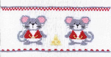 Smocking Plate with two mice in vests. &nbsp;Requires 152 pleats and 9 rows.