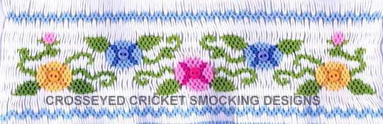 Smocking design with flowers and text 'Crosseyed Cricket Smocking Designs' on a white background
