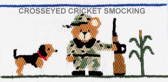 Smocking plate with a dog, bear dressed in camouflage ready to go hunting. 9.5 rows of smocking on a yoke.