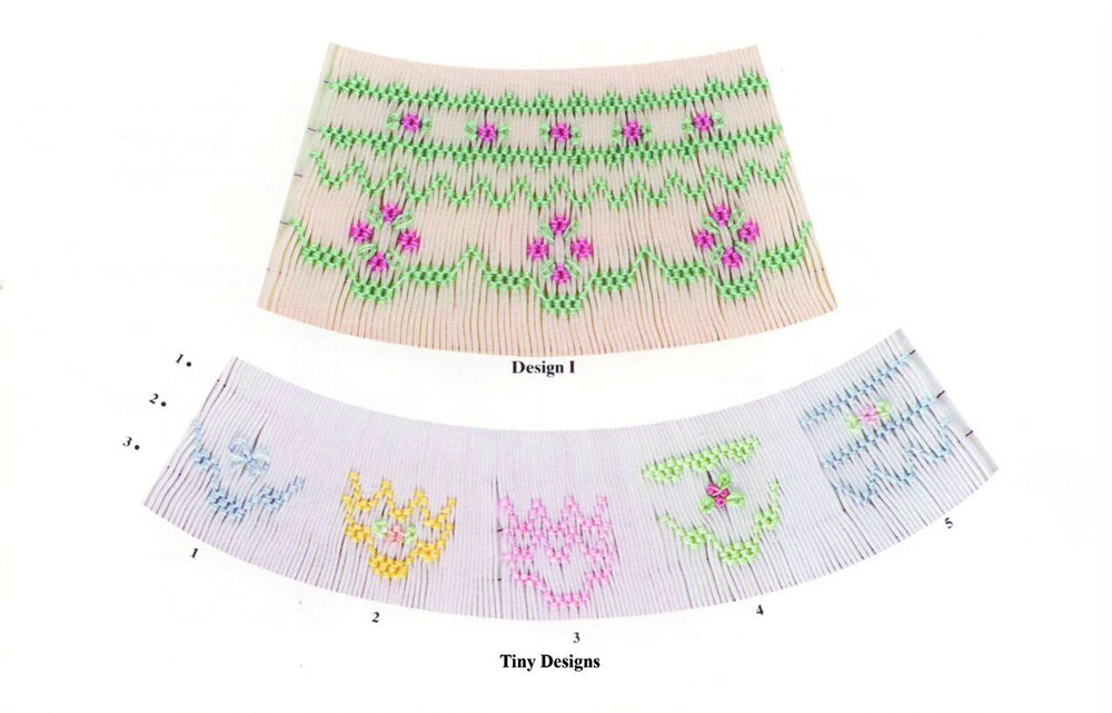smocking designs  in green, magenta, blue, yellow, and pink on ecru and white pleated fabric.