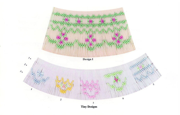 smocking designs  in green, magenta, blue, yellow, and pink on ecru and white pleated fabric.