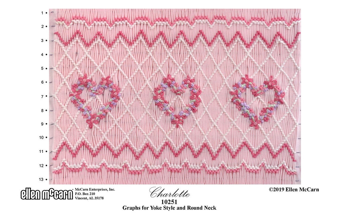 Smocking plate with a Valentines inspired floral heart design. 13 rows of smocking in light and dark pink on pink pleated fabric