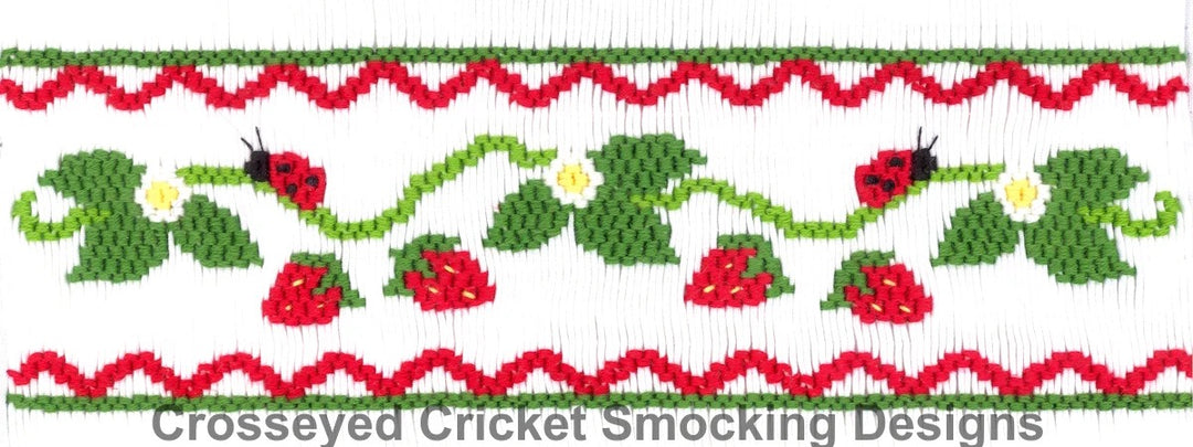 Smocking design featuring a strawberry vine with ladybugs, 7 rows for a yoke.