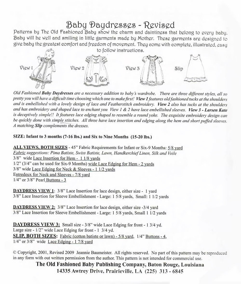 Text document about baby daydress patterns with illustrations and details.