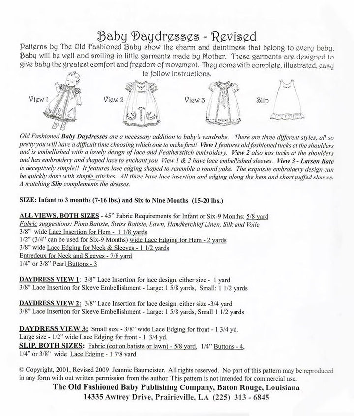 Text document about baby daydress patterns with illustrations and details.