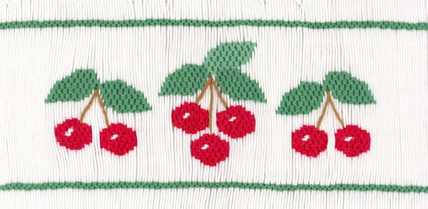 Smocking plate with red cherries and green leaves on a white background