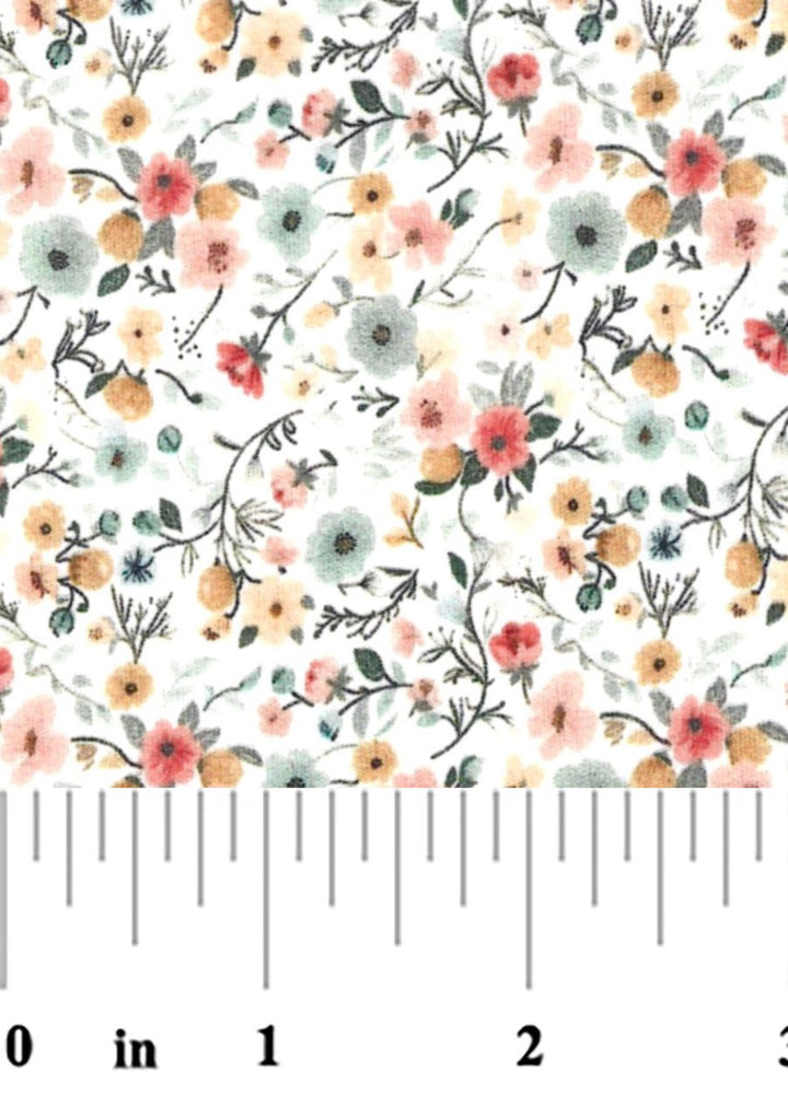 Fabric swatch with red, blue, gold, and pink flowers