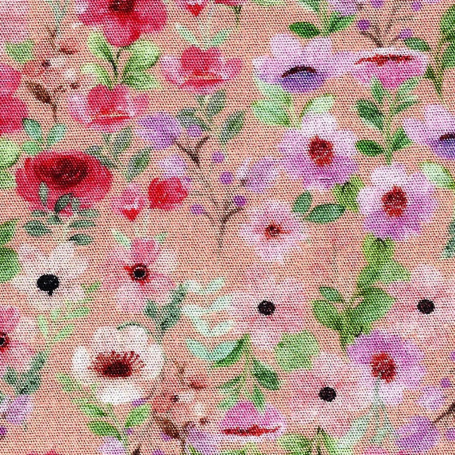 Floral pattern with pink and purple flowers on a pink background