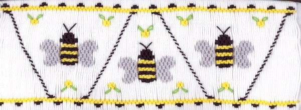 Smocking plate with three bees in a geometric design. 7 3/4 rows of smocking on a yoke.