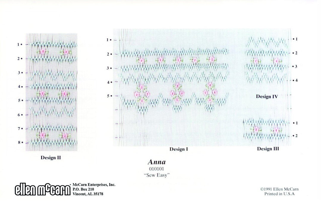 Smocking designs in pink blue and green on white pleated fabric