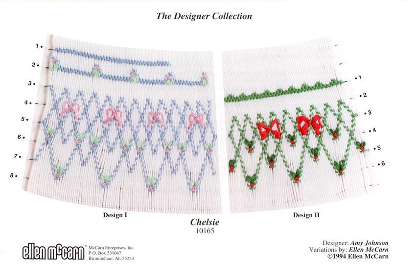 Smocking plate with a geometric design in blue pink green and red. 6-8 rows of smocking on white pleated fabric.