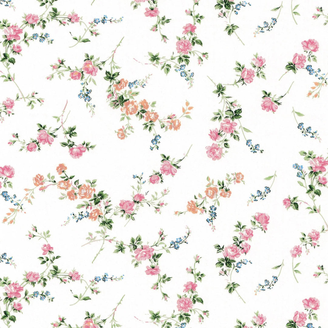 Floral pattern with pink and blue flowers on a white background