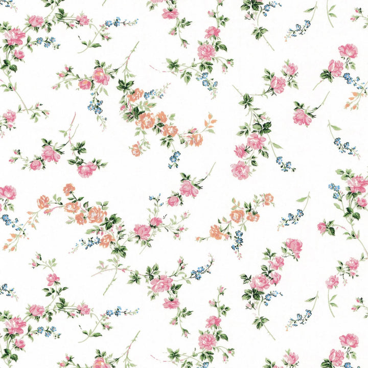 Floral pattern with pink and blue flowers on a white background