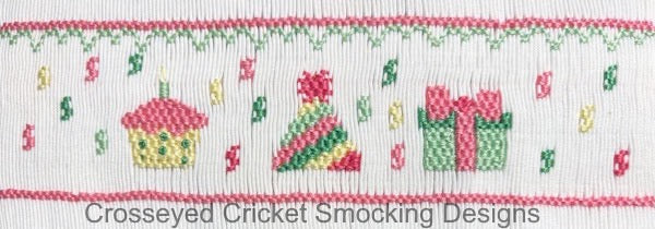 Smocking plate with a cupcake, party hat, and gift with confetti. 6 1/4 rows and 164 pleats of smocking on a yoke.