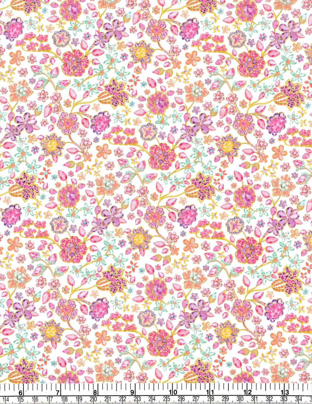 Floral pattern fabric with pink, yellow, and green flowers on a white background.