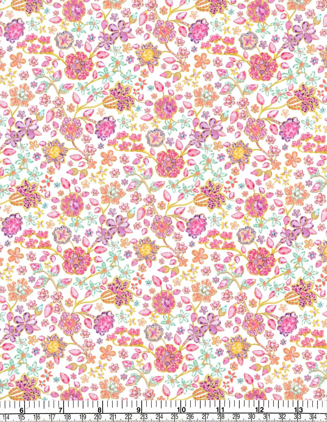Floral pattern fabric with pink, yellow, and green flowers on a white background.