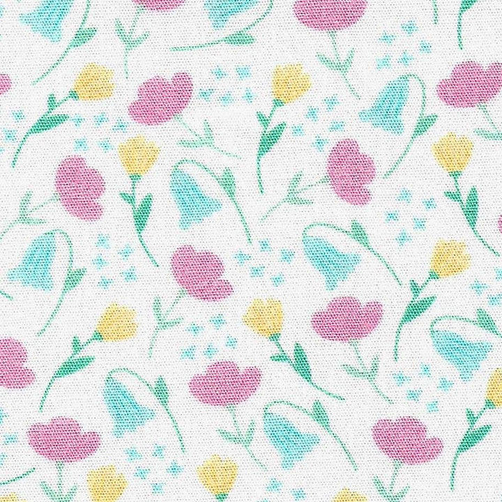 Floral pattern with pink, yellow, and blue flowers on a white background