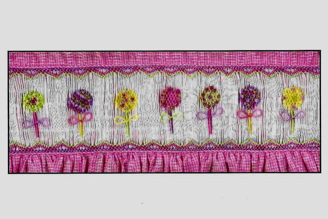 Smocking plate with colorful lollypops accented with glass beads