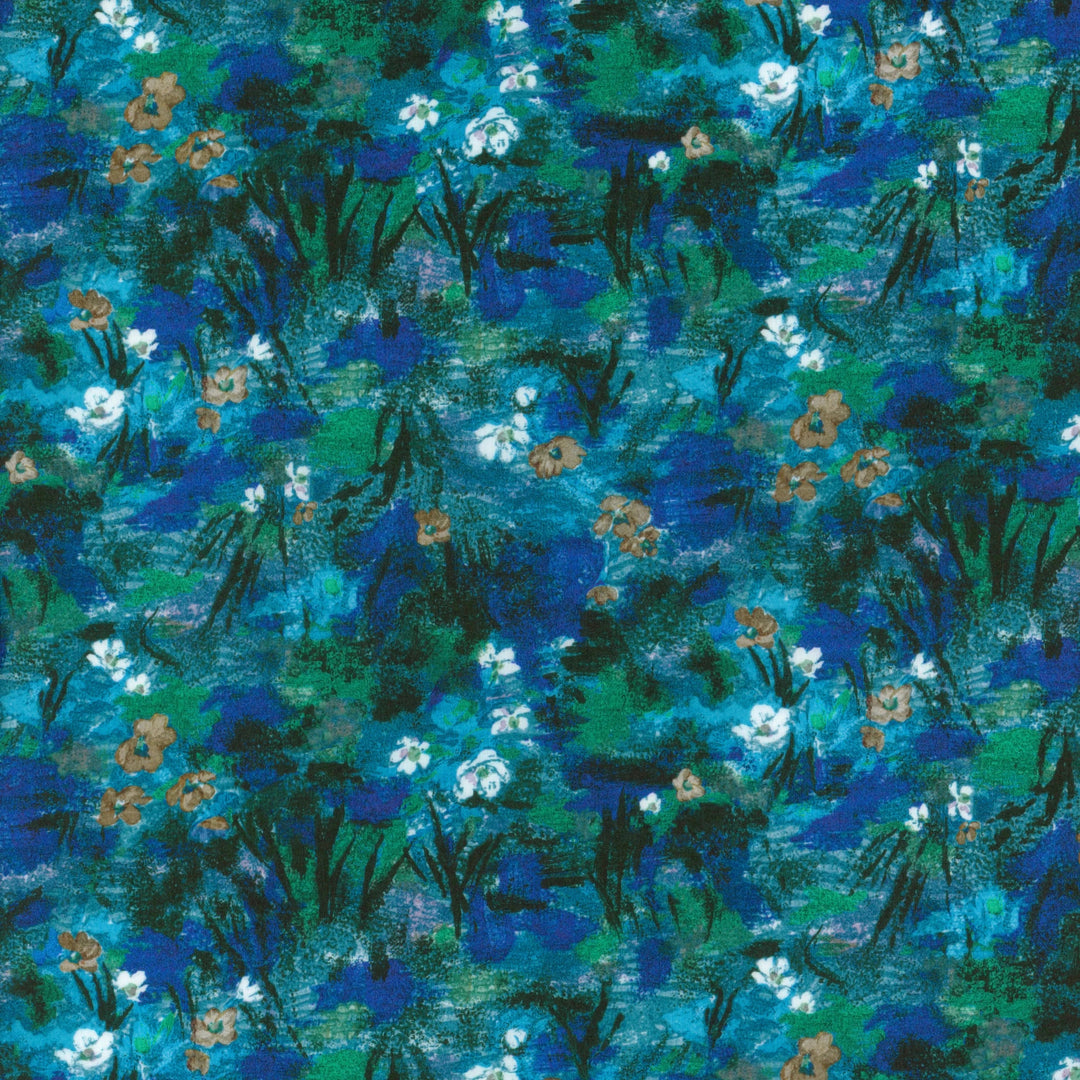 Pattern of blue and green flowers with white centers on a textured background