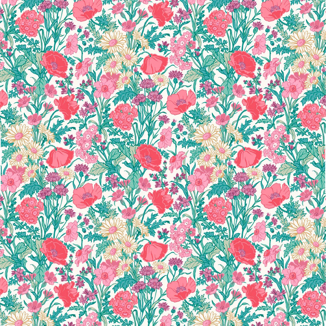 floral including poppies and daisies in pinks with green leaves on a white background