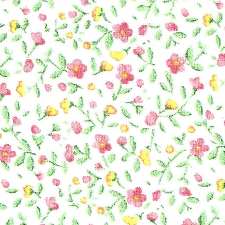 fabric swatch of a pink and green floral print on a solid white background