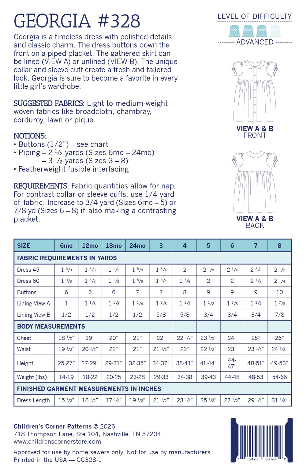 Pattern envelope for a dress with fabric requirements chart and size guide.