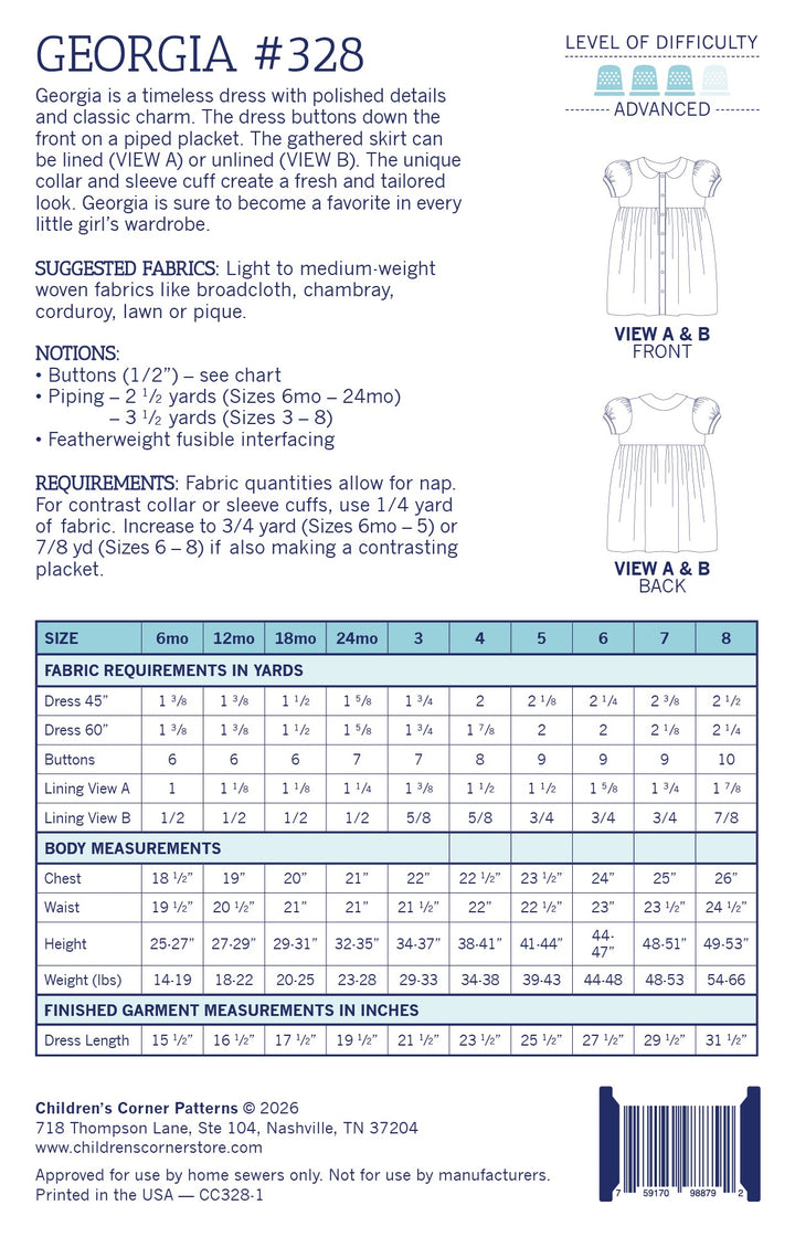 Pattern envelope for a dress with fabric requirements chart and size guide.