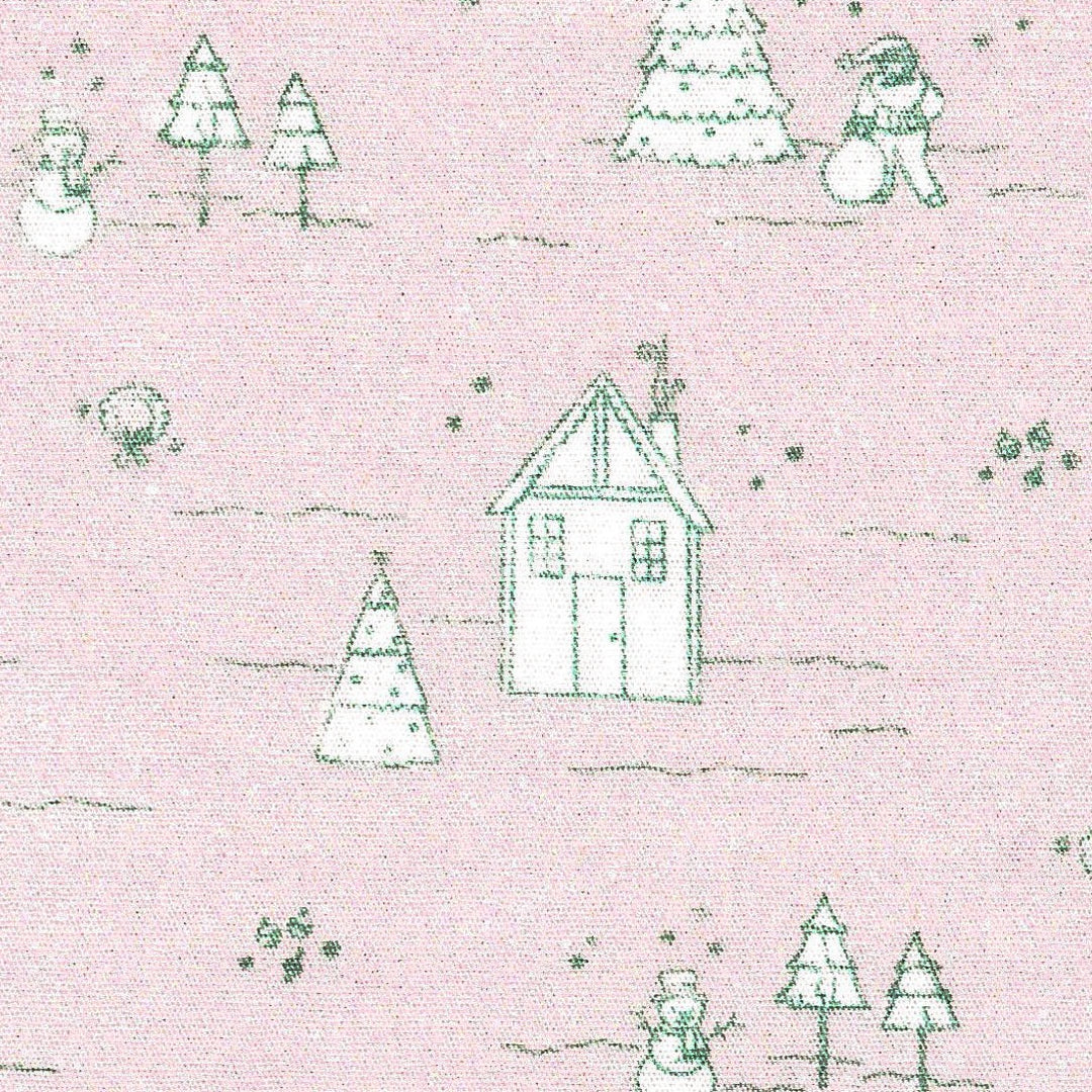 Pattern of a small house, trees, and snowmen on a pink background