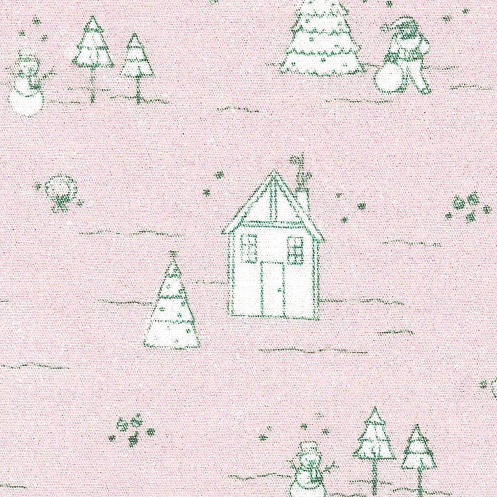 Pattern of a small house, trees, and snowmen on a pink background