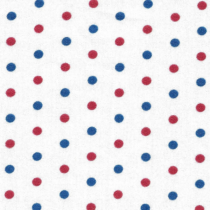 Pattern of red and blue polka dots on a white background