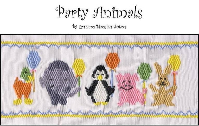A smocking plate titled 'Party Animals' by Frances Messing Jones, featuring smocked animals holding colorful party balloons on a white fabric background.
