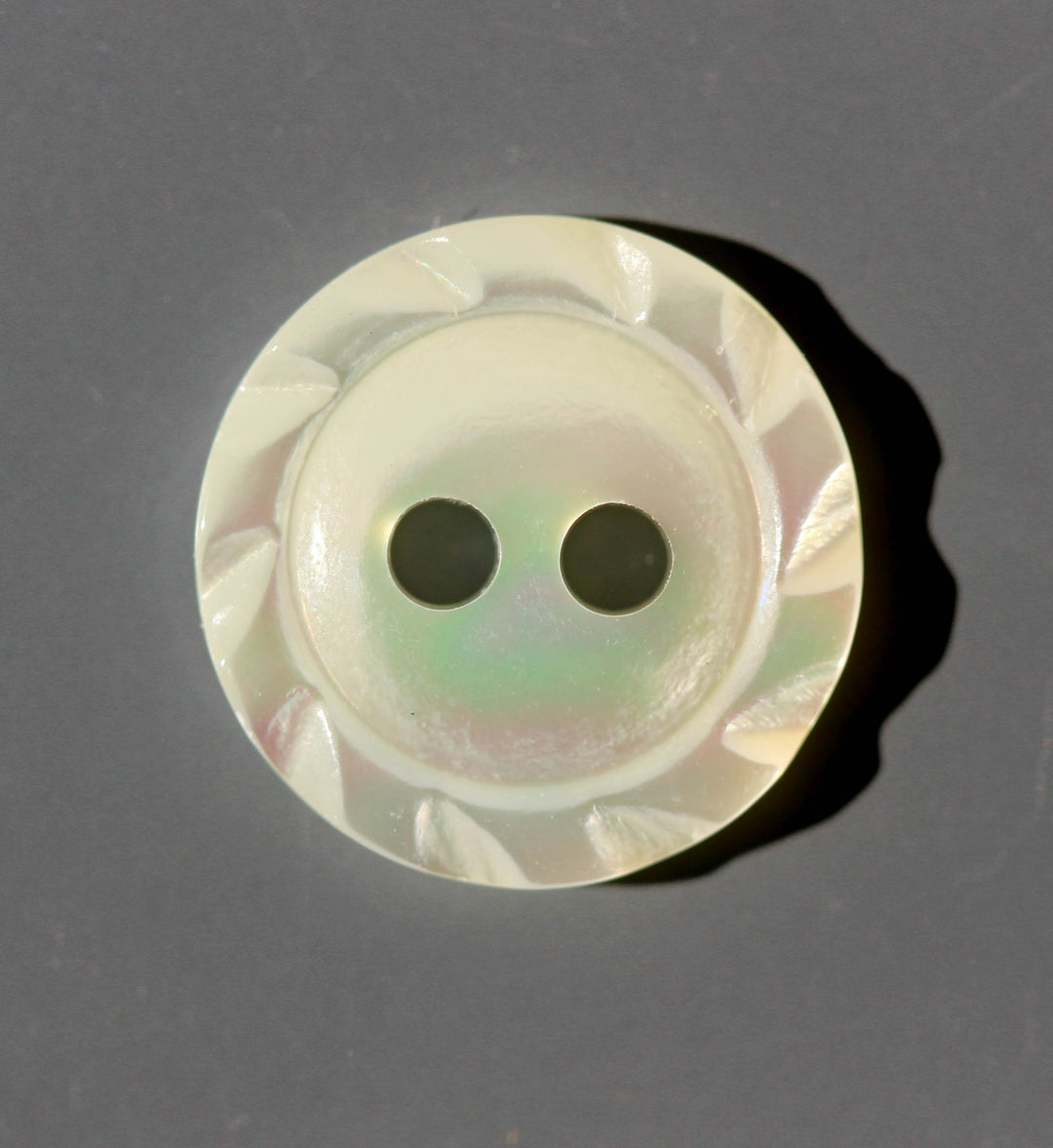 Round, white button with a textured surface on a gray background