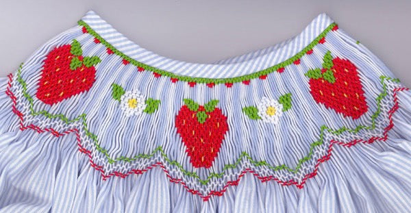 Smocking plate with large strawberries and daisies. 8 rows of smocking on a bishop.