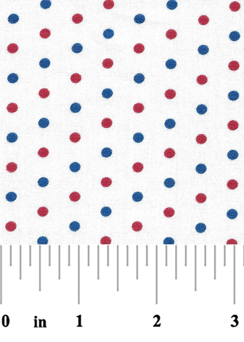Pattern of red and blue polka dots on a white background with a ruler at the bottom.