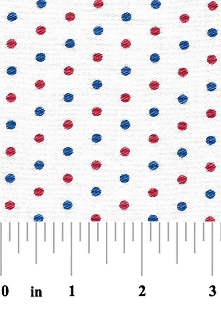 Pattern of red and blue polka dots on a white background with a ruler at the bottom.