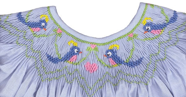 mocking plate with birds, a heart on a swing. 7 1/2 rows of smocking on a bishop.