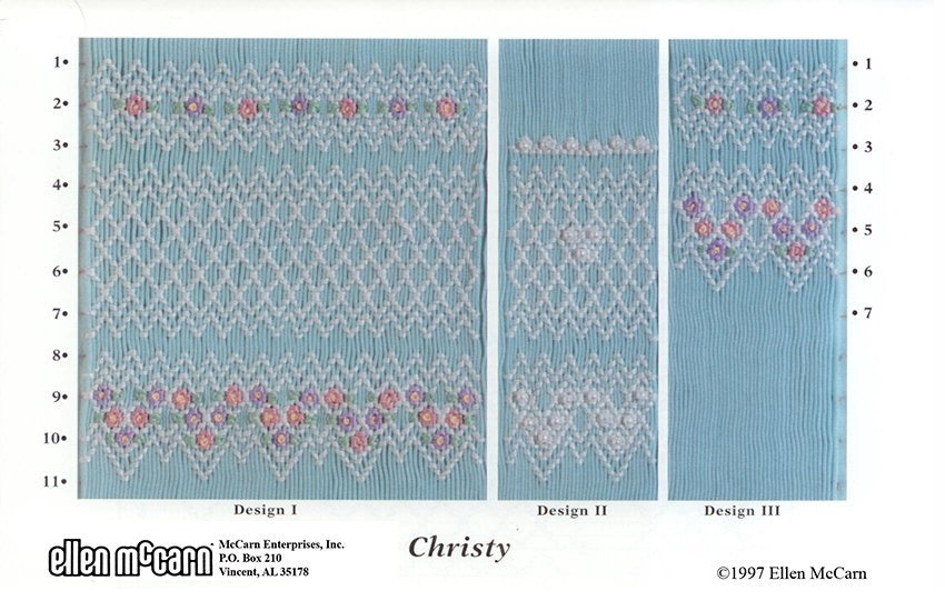 geometric smocking design smocked in white pink, purple and green on blue pleated fabric