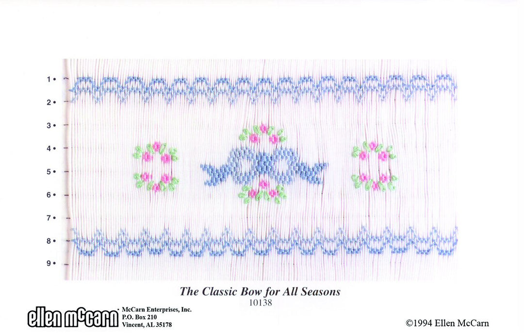 Smocking design for 'The Classic Bow for All Seasons' with floral elements on a white background.