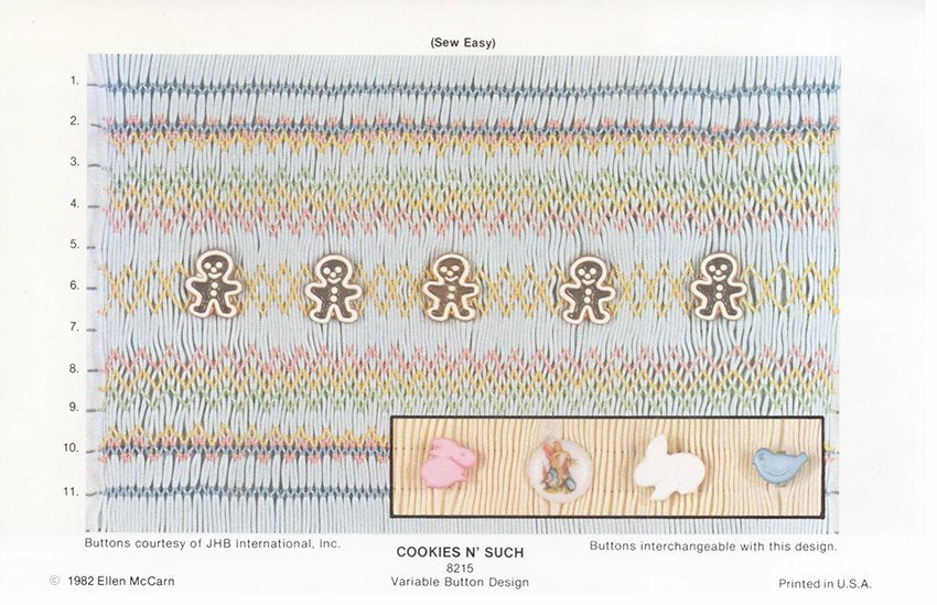 Pleated fabric with gingerbread man designs and interchangeable buttons on a white background