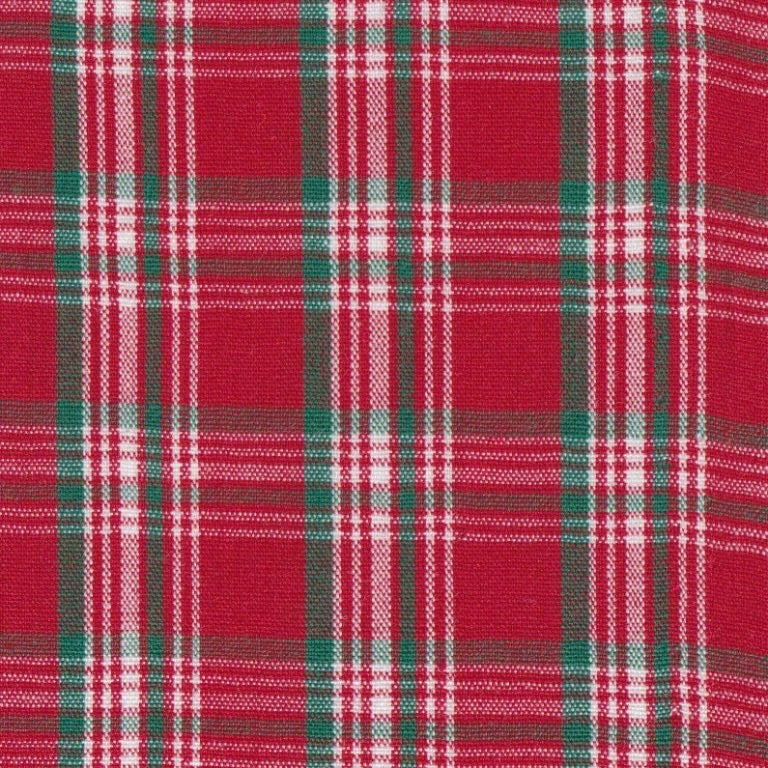 Red plaid fabric with green and white vertical and horizontal stripes.