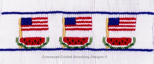 Smocked fabric with American flags and watermelons on a white background