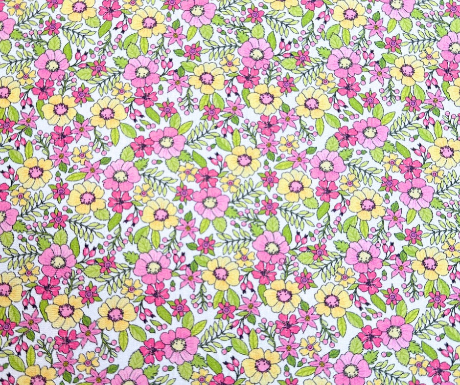 pink yellow and green floral print