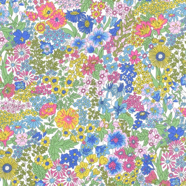 Bright and fresh mixed floral with shades of pink, blue yellow and green.