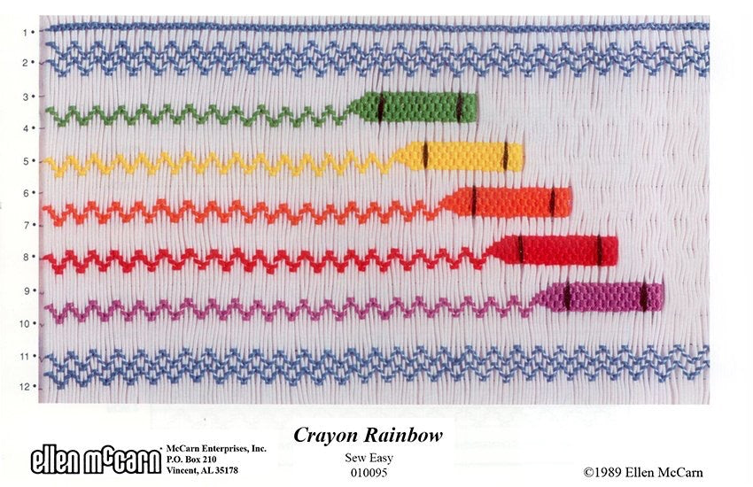 Smocking Embroidery pattern chart titled 'Crayon Rainbow' by Ellen McCarn with colorful crayon illustrations on a white background.
