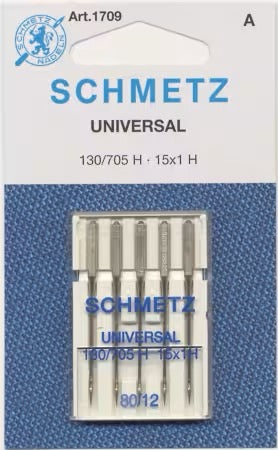 Schmetz Universal sewing machine needle pack, size 130/705 H x 15x1.5 H, containing five silver needles in a clear plastic case on a blue textured backing card.