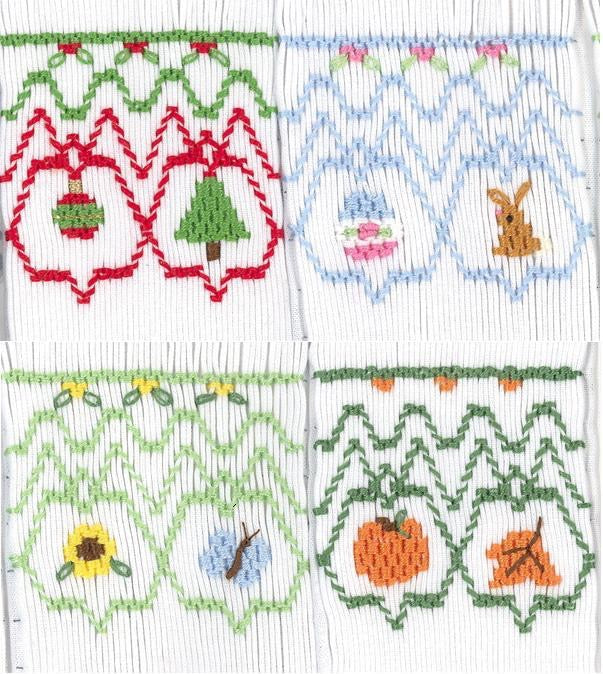 Smocking plate with four options and a geometric design suited for any season. 6 1/4 rows of smocking on a bishop.