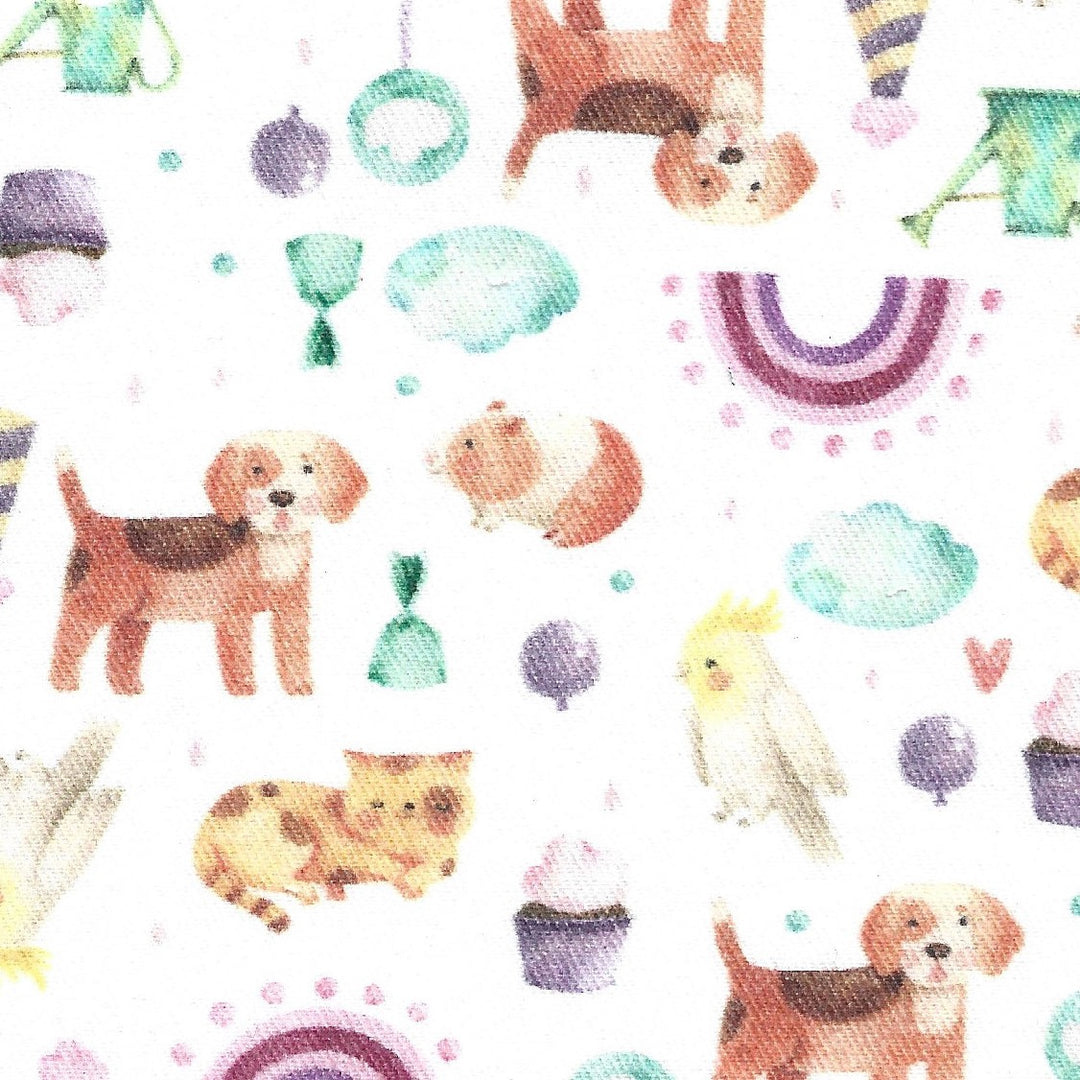 Pattern of cartoon dogs, cats, and other animals on a white background