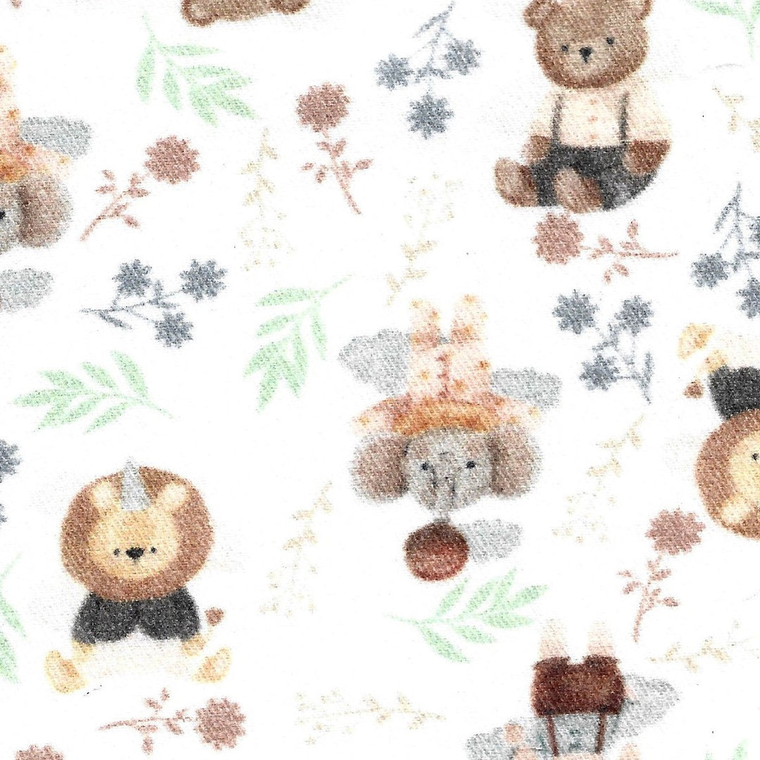 Pattern of cartoon animals with plants and flowers on a white background