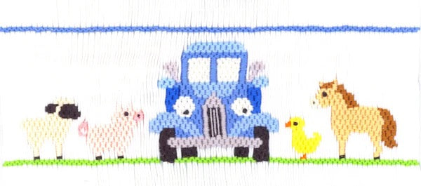 Smocking plate with farm animals (lamb, pig, duck, horse) and an old blue truck. 7.5 rows of smocking on a yoke, 162 pleats.
